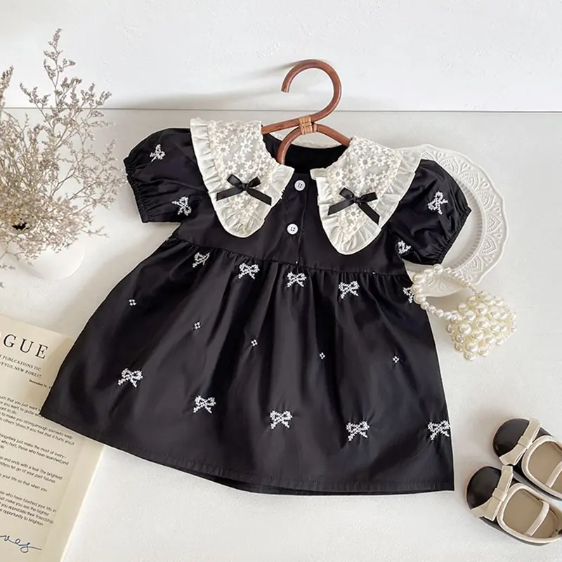1-6Yrs Girls Princess Dress Short Sleeved Girls Clothing Summer Bow Embroidery Bow Casual Dresses Sweet and Cute Kids Clothes