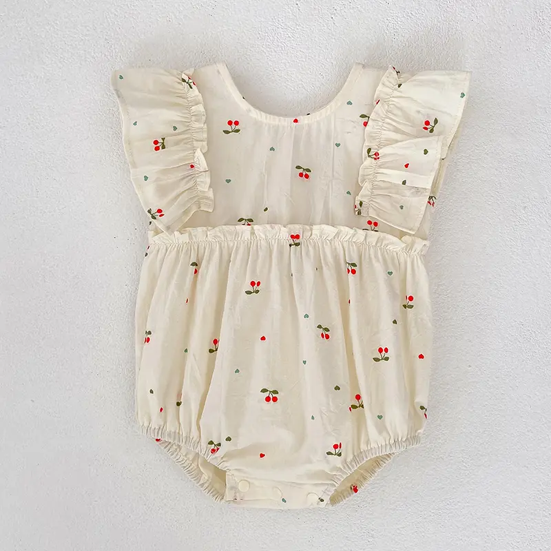 Baby Summer Cherry Print Jumpsuit Short Sleeve Triangle Jumpsuit Girl Baby Sweet Cute Jumpsuit with Bow for Summer Toddlers Baby