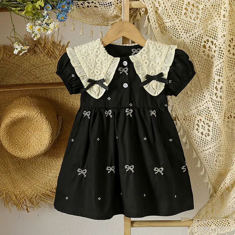 1-6Yrs Girls Princess Dress Short Sleeved Girls Clothing Summer Bow Embroidery Bow Casual Dresses Sweet and Cute Kids Clothes
