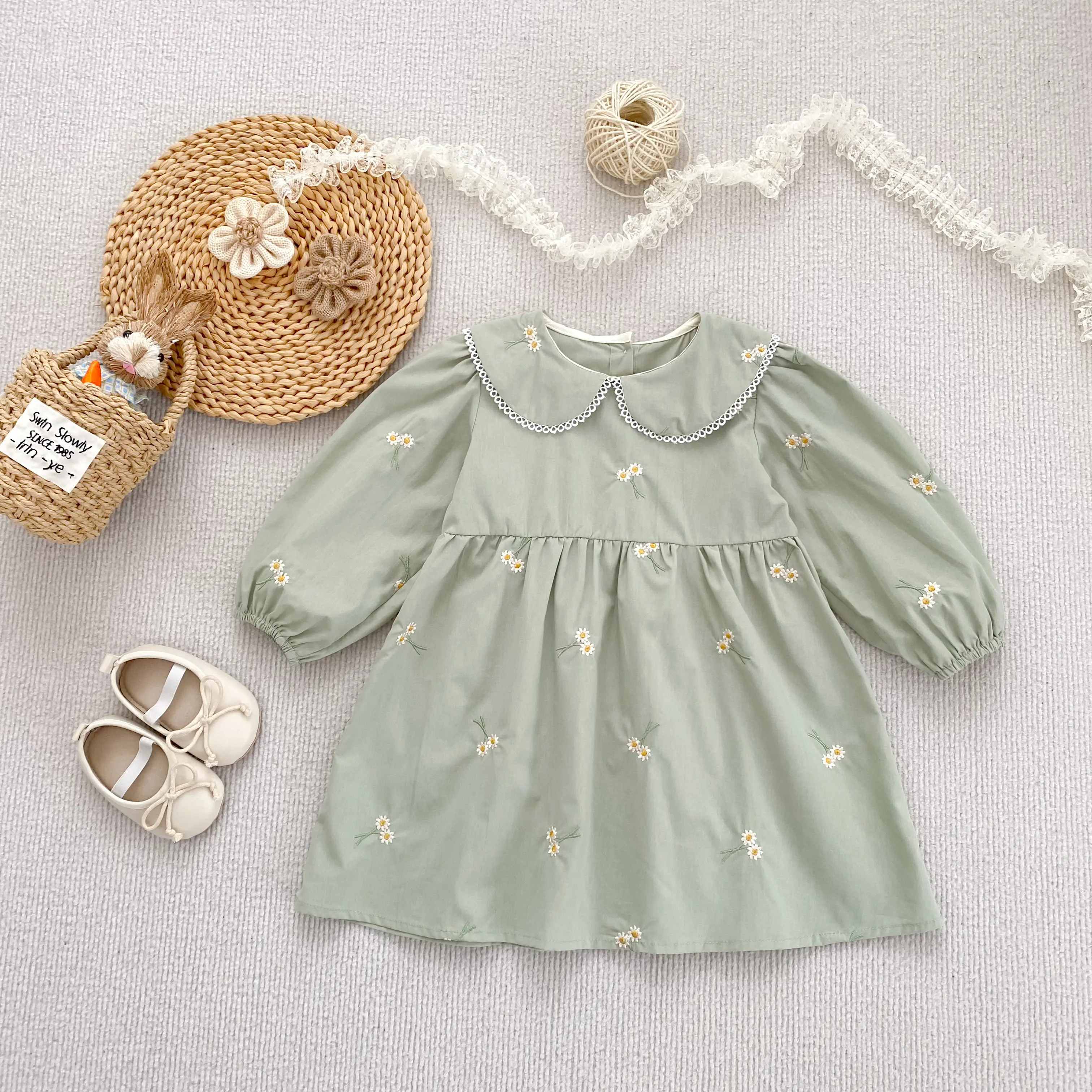 New French Retro Floral Girls' Dress Sweet Embroidery Long Sleeved Children's Princess Dress Flower Girl Dresses for Weddings