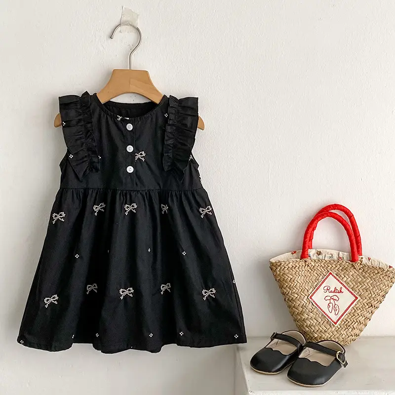 Girl's Bow Embroidered Clothing New Summer Baby Girl Dress Round Neck Small Flying Sleeves Princess Dress Blue Children's Dress