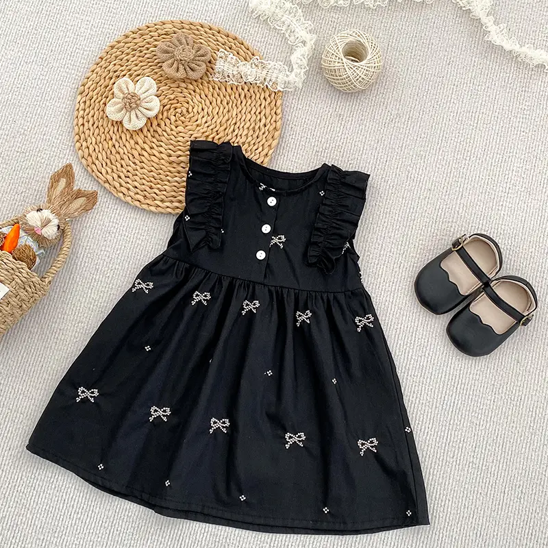 Girl's Bow Embroidered Clothing New Summer Baby Girl Dress Round Neck Small Flying Sleeves Princess Dress Blue Children's Dress