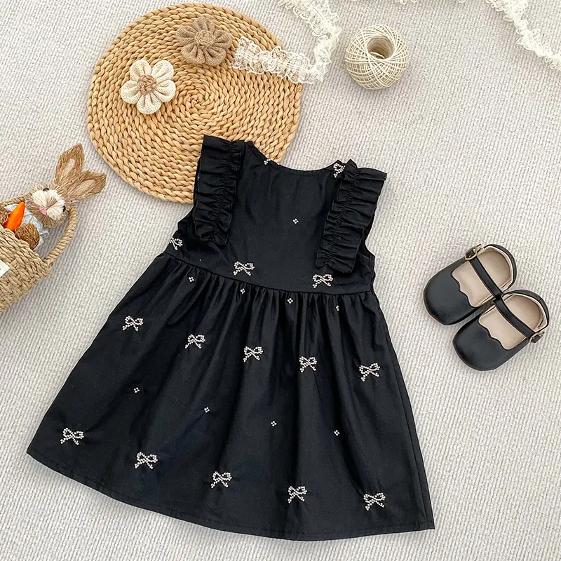 Girl's Bow Embroidered Clothing New Summer Baby Girl Dress Round Neck Small Flying Sleeves Princess Dress Blue Children's Dress