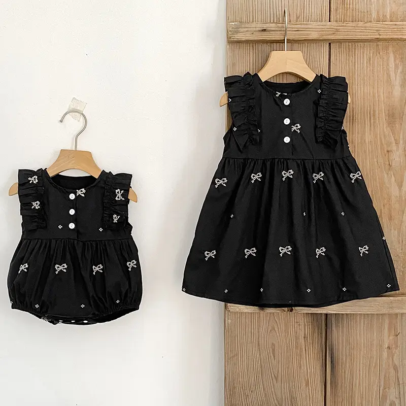 Girl's Bow Embroidered Clothing New Summer Baby Girl Dress Round Neck Small Flying Sleeves Princess Dress Blue Children's Dress
