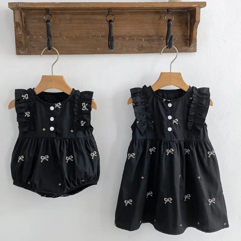 Girl's Bow Embroidered Clothing New Summer Baby Girl Dress Round Neck Small Flying Sleeves Princess Dress Blue Children's Dress
