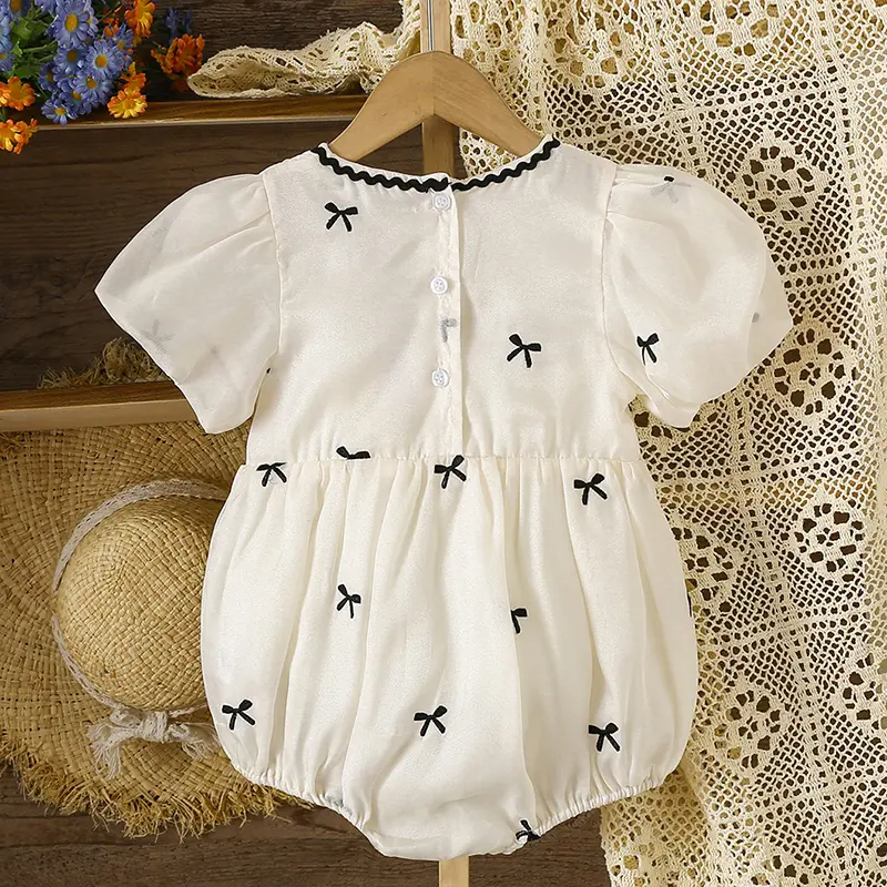Summer Baby Party Princess Romper Puff Sleeve Children Clothes Infant Baby Girl Bodysuits Cotton Bow Embroidery Climbing Suit