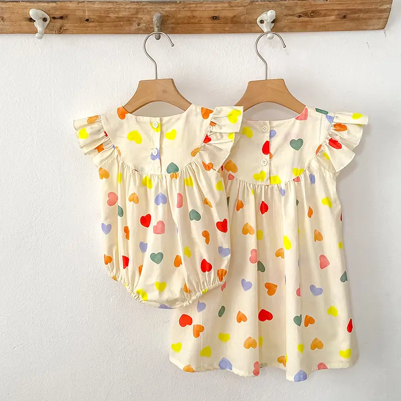 Summer Infant Kids Baby Girls Colored Sisters Dress Cotton Kids Baby Girls Valentine's Day Cartoon Love Sisters Clothes Rompers
