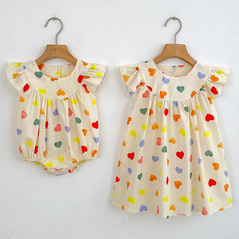 Summer Infant Kids Baby Girls Colored Sisters Dress Cotton Kids Baby Girls Valentine's Day Cartoon Love Sisters Clothes Rompers