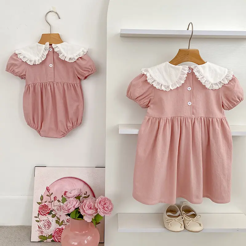 Baby Girls Clothes Summer Sisters Dress Pink Kids Sweet Embroider Lace Sisters Rompers Kids Baby Girls Children Clothes Dress