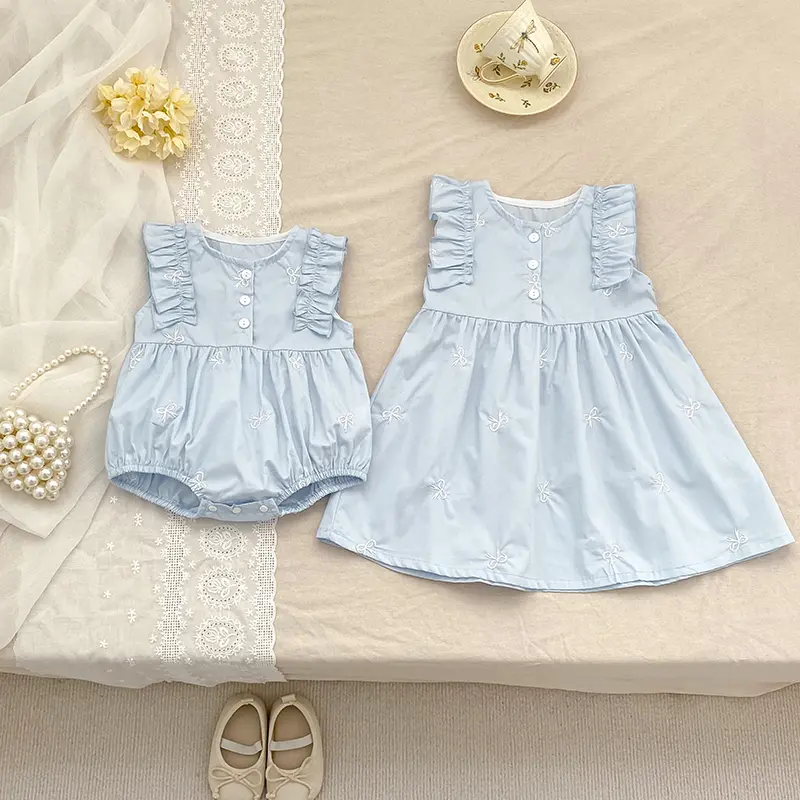 Summer Sister Baby Girl Party Dress Flying Sleeves Cotton Embroidered Flowers Sister Dress Baby Girl Romper Kids Princess Dress