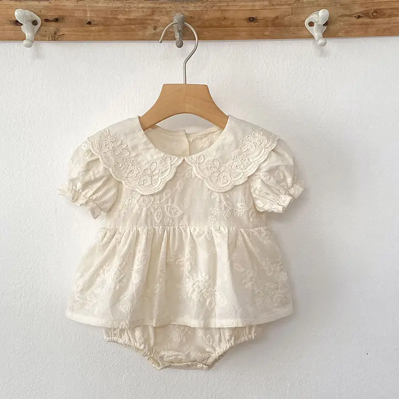 Summer Baby Girl Clothes Embroidery Newborn Romper Dress Peter Pan Collar Floral Cotton Short Sleeve Baby Bodysuit 0-24 Months