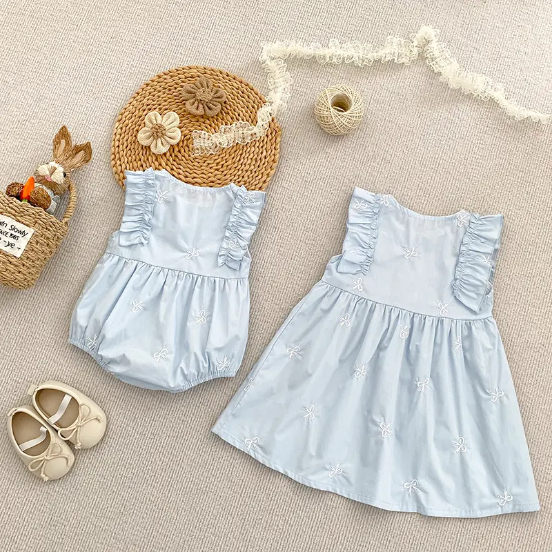 Summer Sister Baby Girl Party Dress Flying Sleeves Cotton Embroidered Flowers Sister Dress Baby Girl Romper Kids Princess Dress
