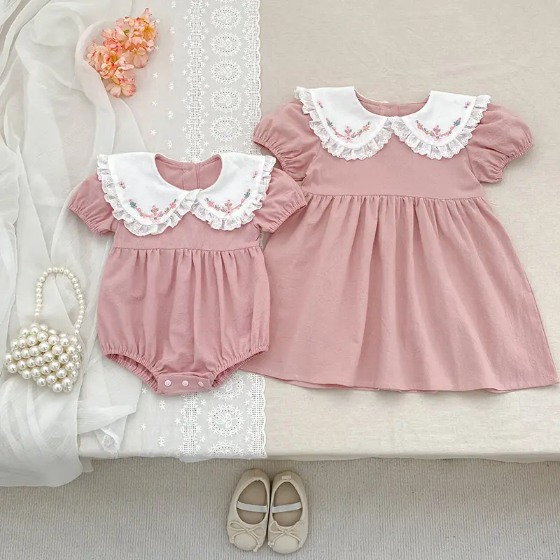 Baby Girls Clothes Summer Sisters Dress Pink Kids Sweet Embroider Lace Sisters Rompers Kids Baby Girls Children Clothes Dress