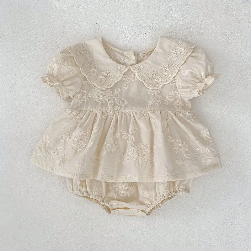 Summer Baby Girl Clothes Embroidery Newborn Romper Dress Peter Pan Collar Floral Cotton Short Sleeve Baby Bodysuit 0-24 Months