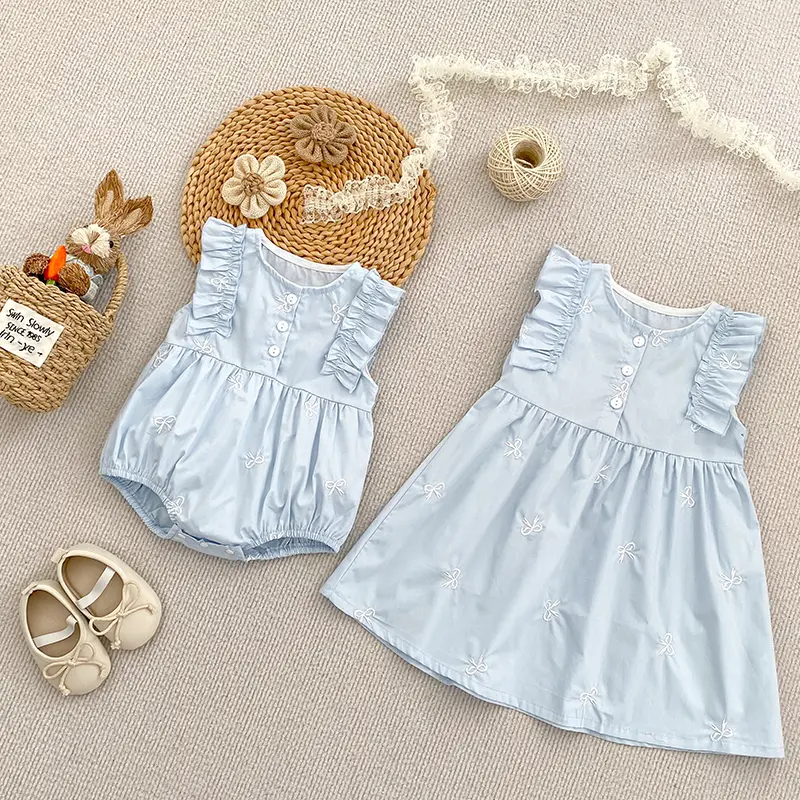 Summer Sister Baby Girl Party Dress Flying Sleeves Cotton Embroidered Flowers Sister Dress Baby Girl Romper Kids Princess Dress