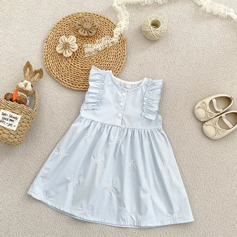Summer Sister Baby Girl Party Dress Flying Sleeves Cotton Embroidered Flowers Sister Dress Baby Girl Romper Kids Princess Dress