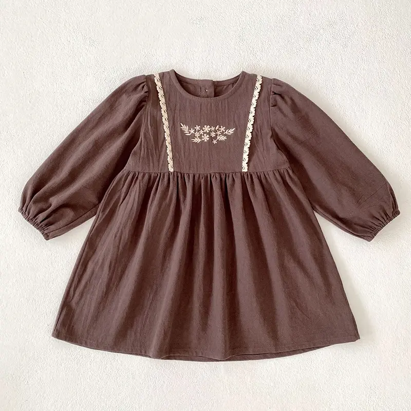 Children Girl Vintage Dress Spring Autumn Embroidered Flowers 2-7Y Kids Girls Princess Dress Long Sleeve Cotton Baby Girls Dress