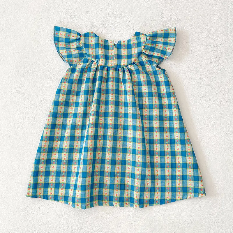 New Girls Flower Print Princess Dresses Baby Embroidery Party Dress Wood Ear Edge Plaid Casual Kids Clothes Fashion Summer Wear