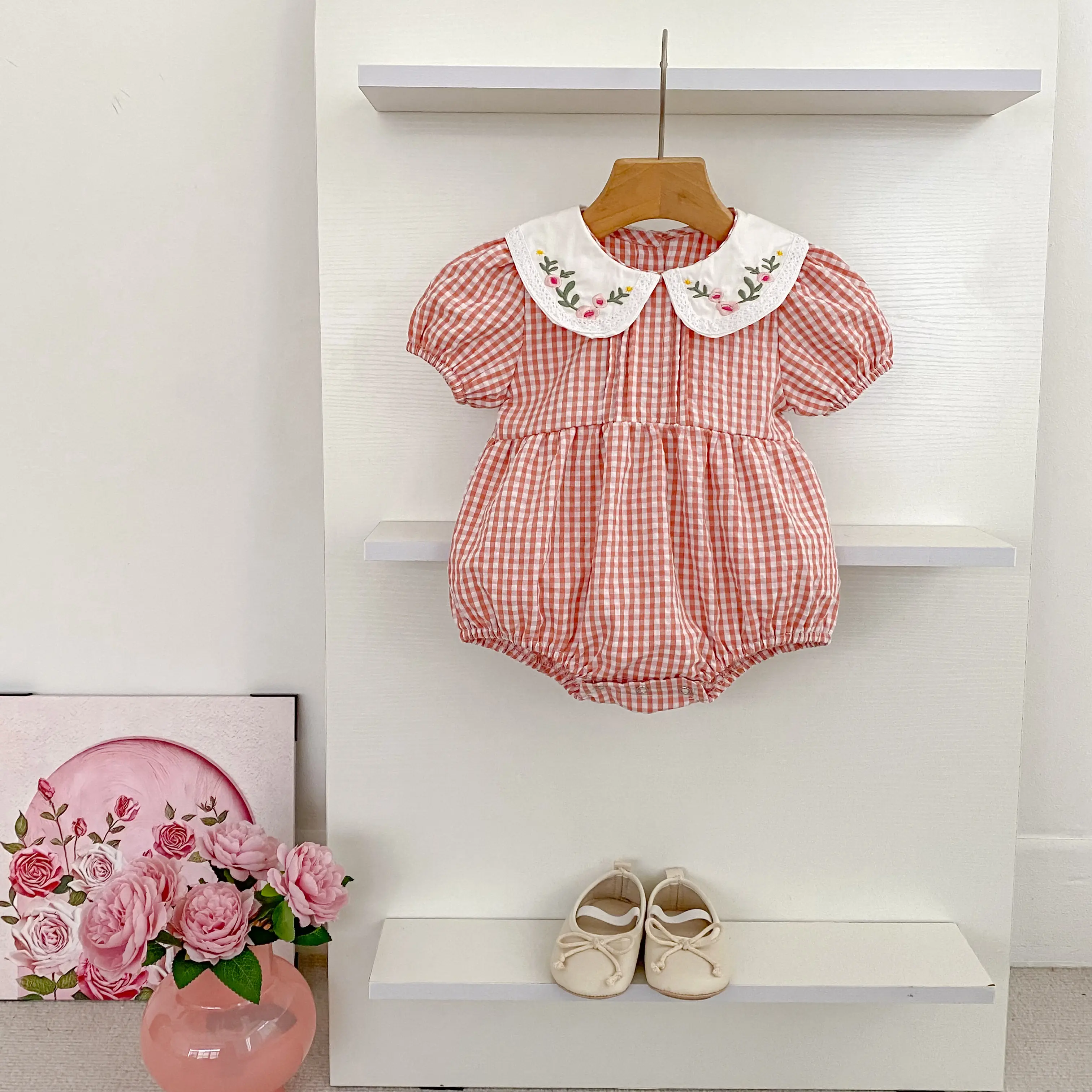 0-3Yrs Toddler Baby Girls Rompers Embroidery Bodysuit Girls Jumpsuits Princess Girls Pink Grid Rompers Toddler Summer Clothing