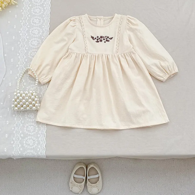 Children Girl Vintage Dress Spring Autumn Embroidered Flowers 2-7Y Kids Girls Princess Dress Long Sleeve Cotton Baby Girls Dress