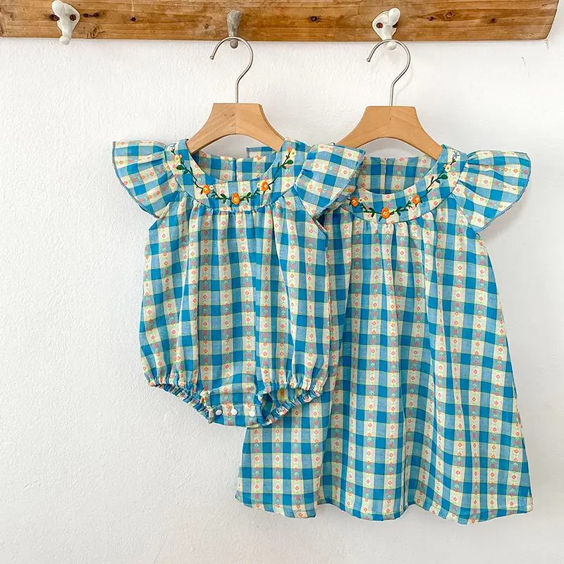 New Girls Flower Print Princess Dresses Baby Embroidery Party Dress Wood Ear Edge Plaid Casual Kids Clothes Fashion Summer Wear