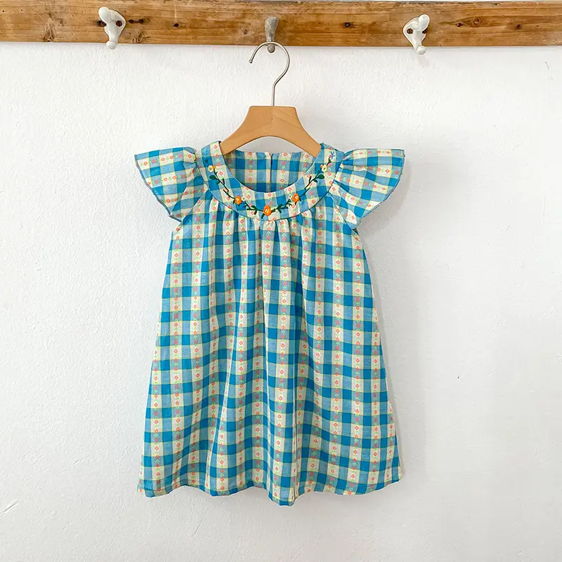 New Girls Flower Print Princess Dresses Baby Embroidery Party Dress Wood Ear Edge Plaid Casual Kids Clothes Fashion Summer Wear