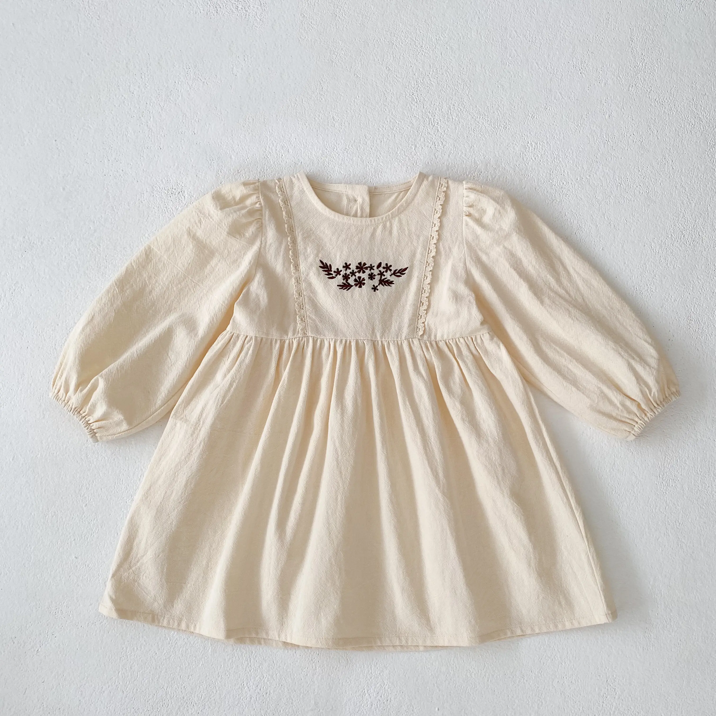 Toddler Girls Retro Dress Spring Autumn Cotton Lace Spliced Children Girls Dress Loose Long Sleeve Embroidery Babys Girl Dress