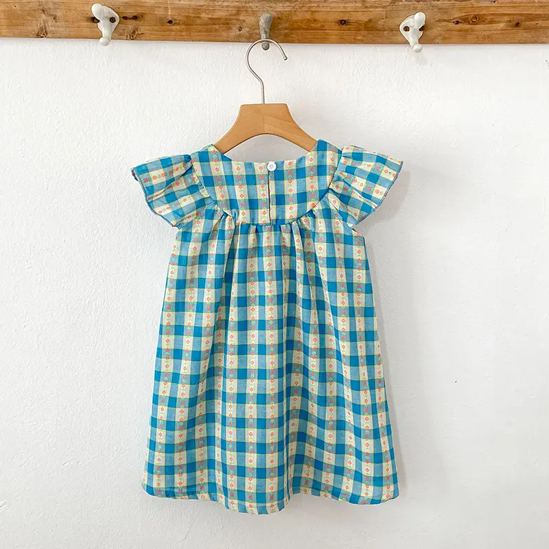New Girls Flower Print Princess Dresses Baby Embroidery Party Dress Wood Ear Edge Plaid Casual Kids Clothes Fashion Summer Wear