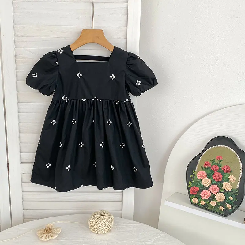 Girls Flower Embroidered Bubble Short Sleeve Waist Princess Dress Vestidos Casual Girls Dress Outfit 2-6Y Kids Clothing Korean