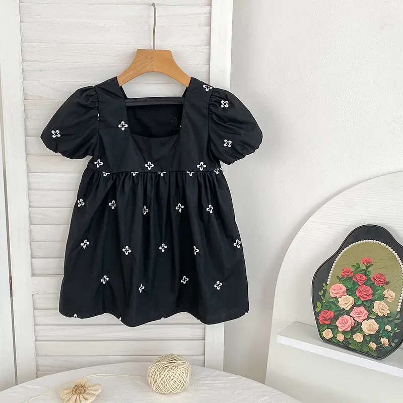 Girls Flower Embroidered Bubble Short Sleeve Waist Princess Dress Vestidos Casual Girls Dress Outfit 2-6Y Kids Clothing Korean