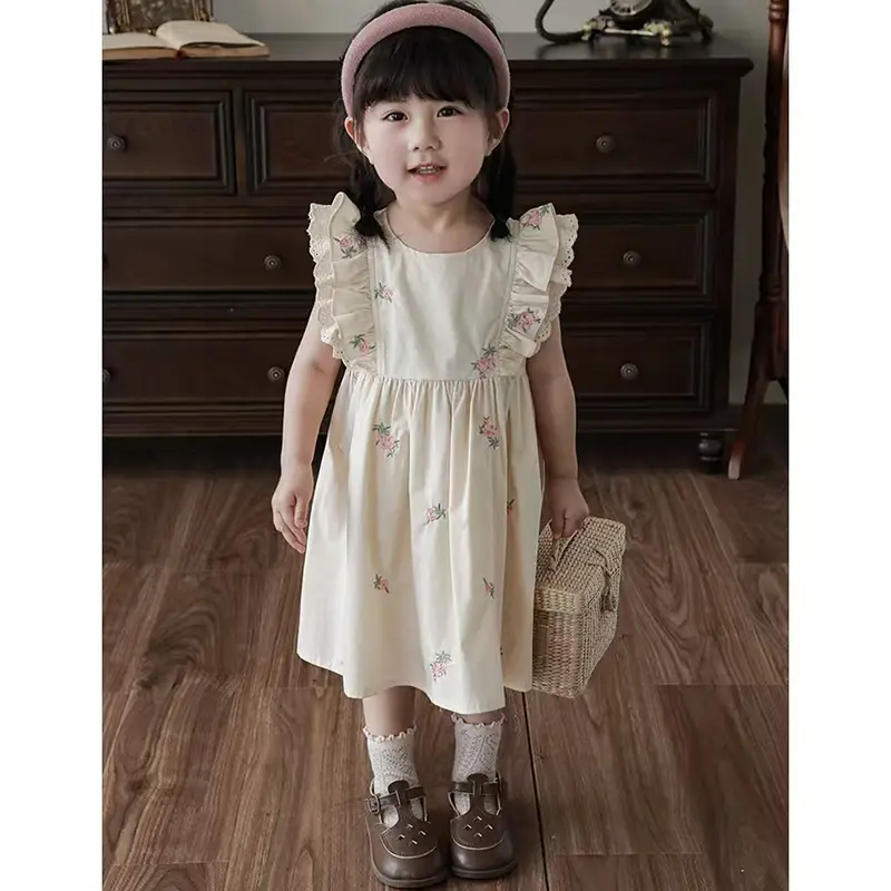 Summer Girls Dress Children's Clothing Bow Embroidered Flower Collar Girl's Dress Cartoon Printed Flying Sleeves Princess Dress