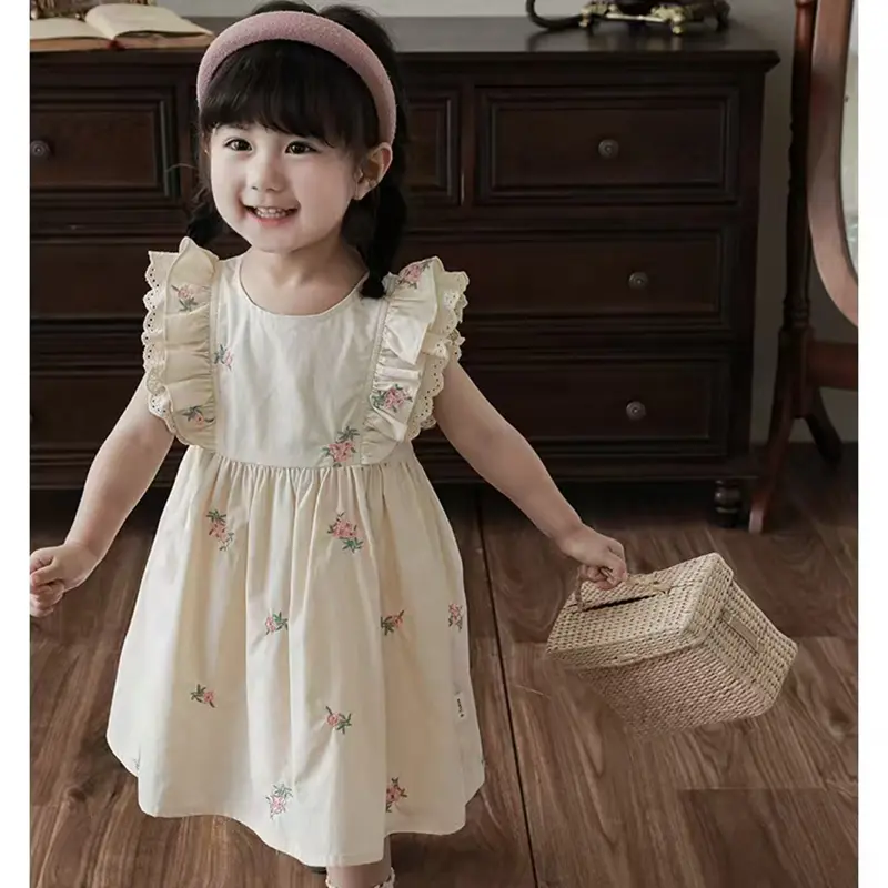 Summer Girls Dress Children's Clothing Bow Embroidered Flower Collar Girl's Dress Cartoon Printed Flying Sleeves Princess Dress