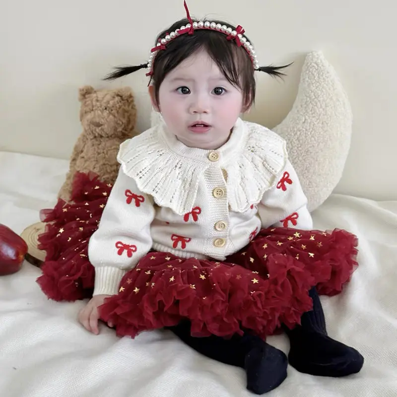 Autumn Cardigan Versatile Girl Baby Embroidered Bow Sweater Lotus Leaf Collar Knitted Pure Cotton Baby Girls Cardigan Coat