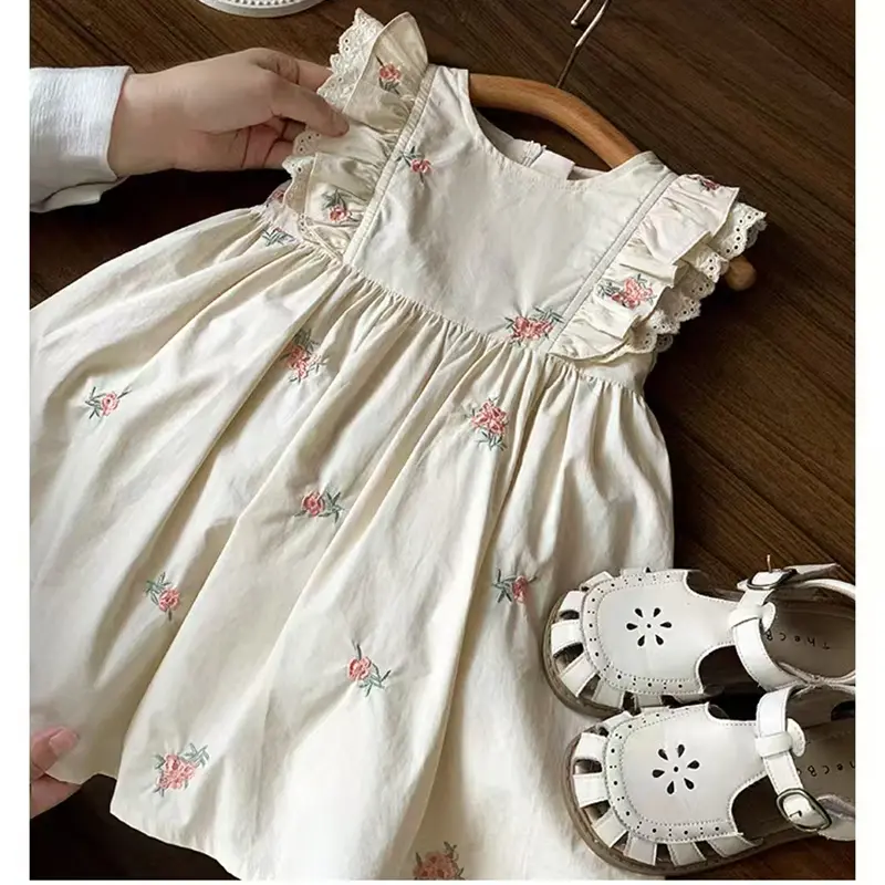 Summer Girls Dress Children's Clothing Bow Embroidered Flower Collar Girl's Dress Cartoon Printed Flying Sleeves Princess Dress