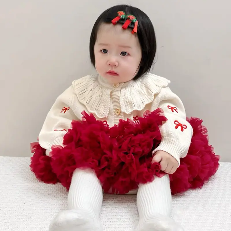 Autumn Cardigan Versatile Girl Baby Embroidered Bow Sweater Lotus Leaf Collar Knitted Pure Cotton Baby Girls Cardigan Coat