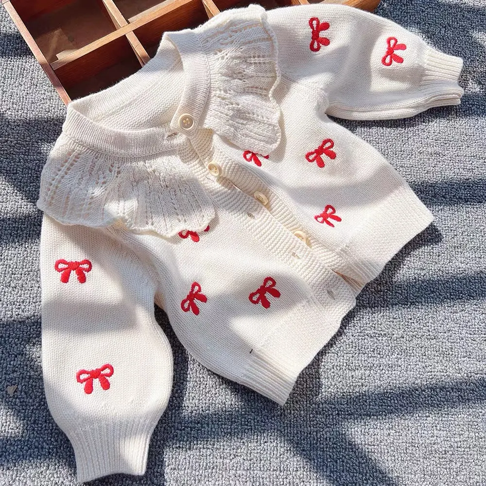 Autumn Cardigan Versatile Girl Baby Embroidered Bow Sweater Lotus Leaf Collar Knitted Pure Cotton Baby Girls Cardigan Coat