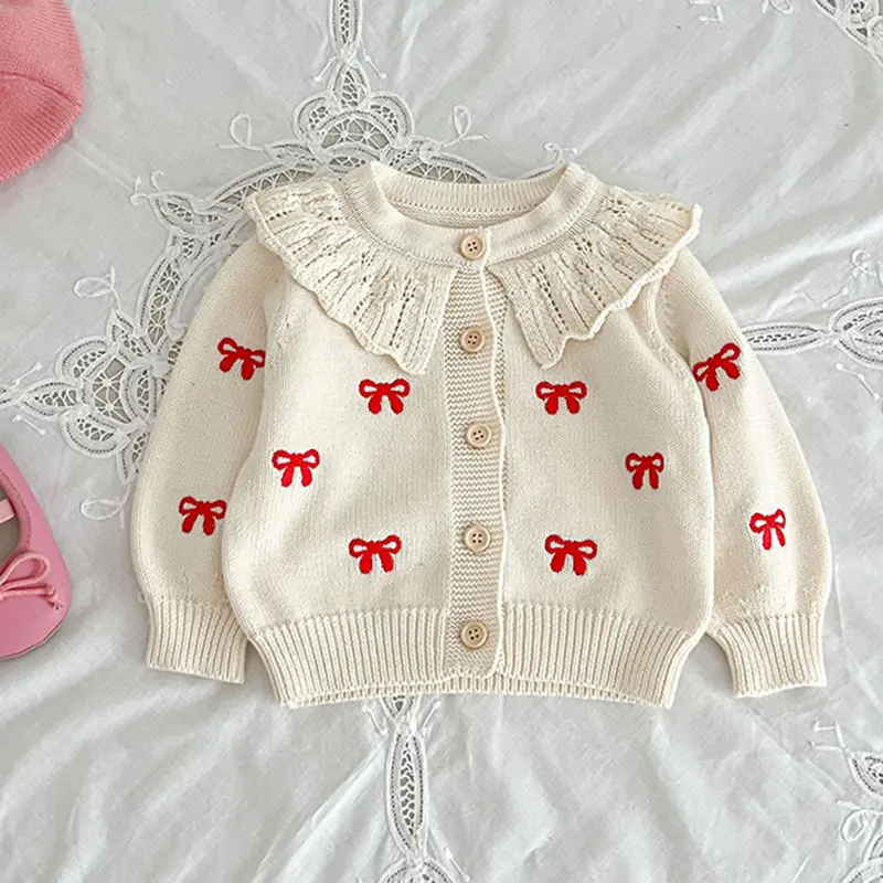 Autumn Cardigan Versatile Girl Baby Embroidered Bow Sweater Lotus Leaf Collar Knitted Pure Cotton Baby Girls Cardigan Coat