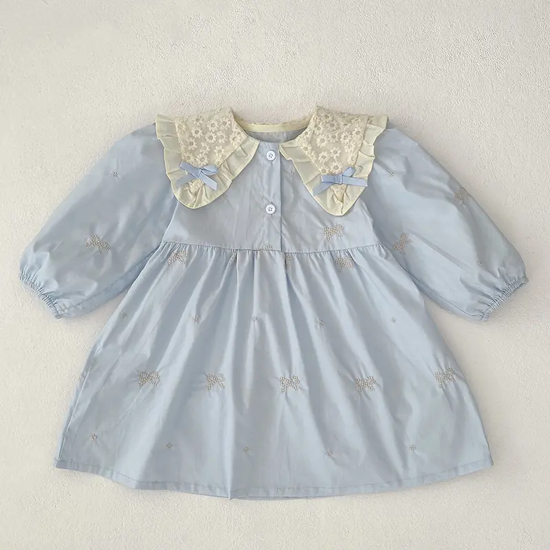 2025 New Girls Dress Baby Lace Bow Dress Princess Stylish Children's Autumn College Style Simple Little Girl Baby Princess Dress