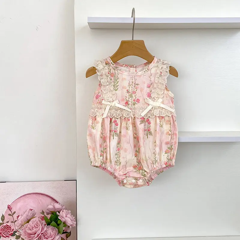 New Baby Girl Bodysuit Floral Baby Clothes Lace Summer New Female Baby Small Pink Flower bow Romper Newborn One-piece Jumpsuit