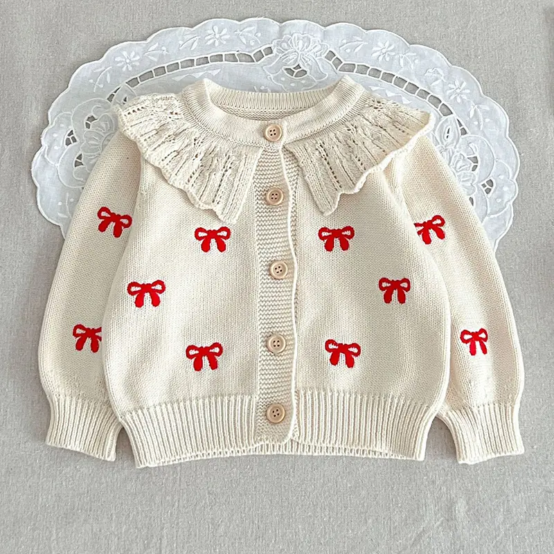 Autumn Cardigan Versatile Girl Baby Embroidered Bow Sweater Lotus Leaf Collar Knitted Pure Cotton Baby Girls Cardigan Coat