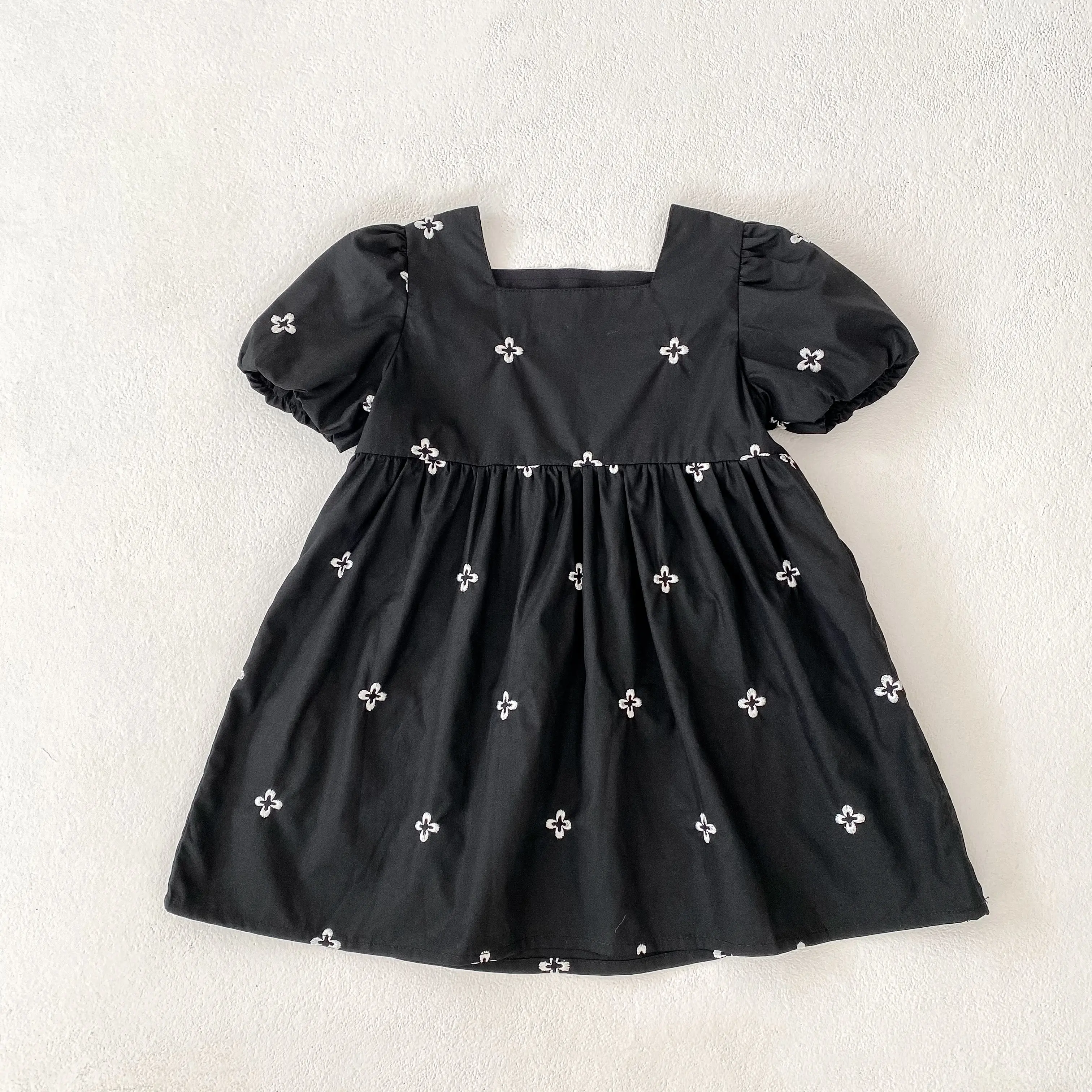Girls Flower Embroidered Bubble Short Sleeve Waist Princess Dress Vestidos Casual Girls Dress Outfit 2-6Y Kids Clothing Korean