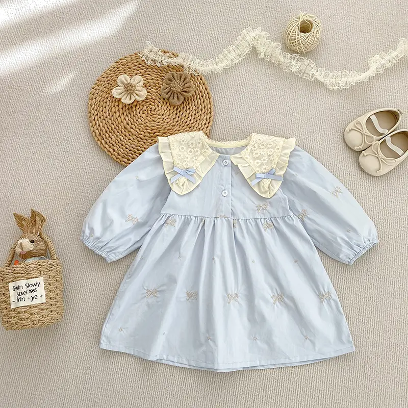 2025 New Girls Dress Baby Lace Bow Dress Princess Stylish Children's Autumn College Style Simple Little Girl Baby Princess Dress