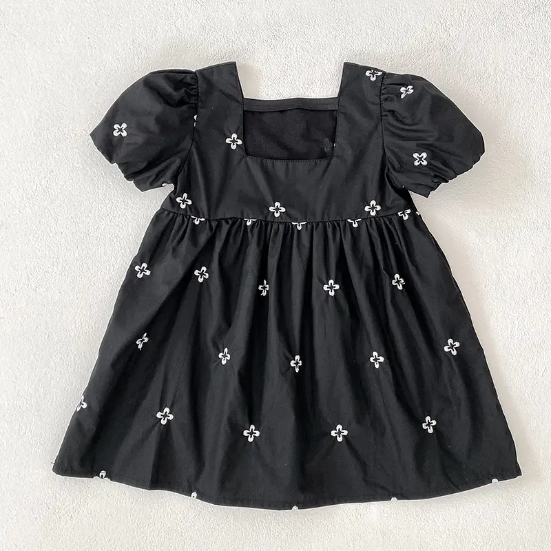 Girls Flower Embroidered Bubble Short Sleeve Waist Princess Dress Vestidos Casual Girls Dress Outfit 2-6Y Kids Clothing Korean