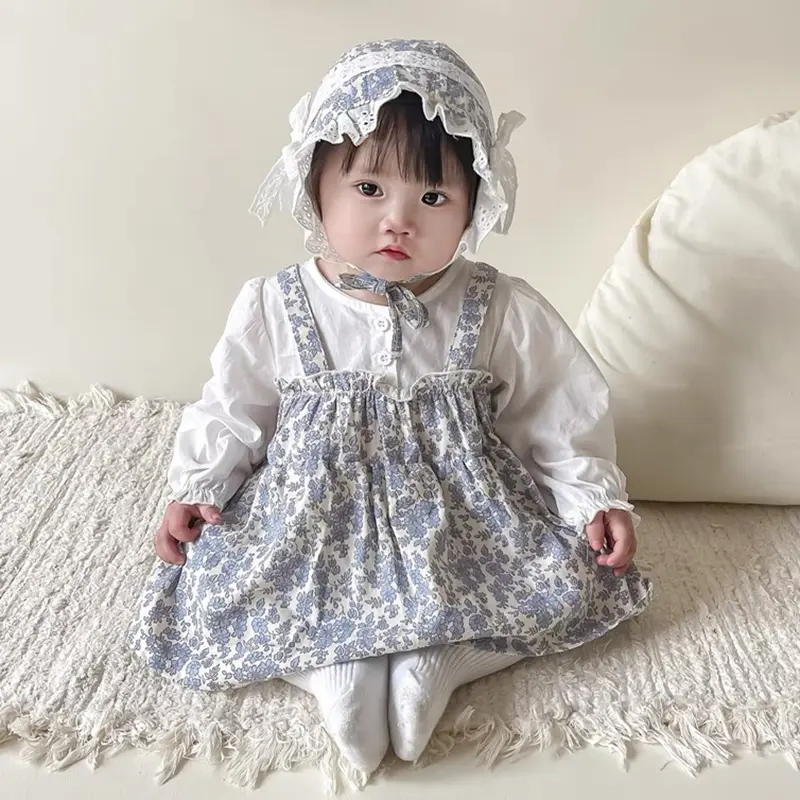 Autumn Girls Romper Clothes Full Moon Baby Clothes Small Broken Flower Princess Triangular Baby Clothing Set With Hat Bodysuit