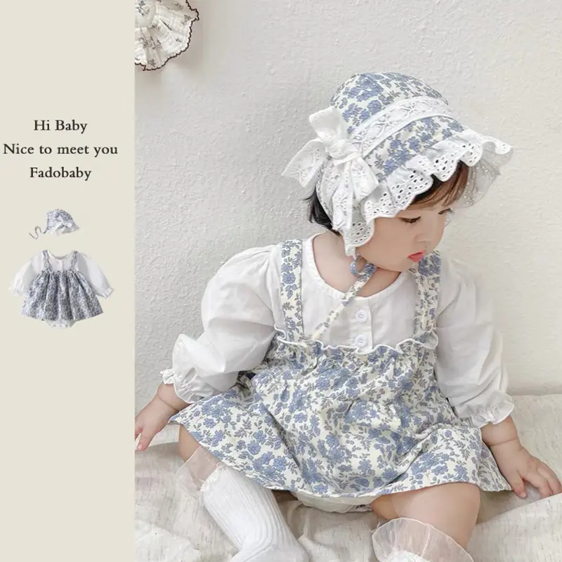 Autumn Girls Romper Clothes Full Moon Baby Clothes Small Broken Flower Princess Triangular Baby Clothing Set With Hat Bodysuit