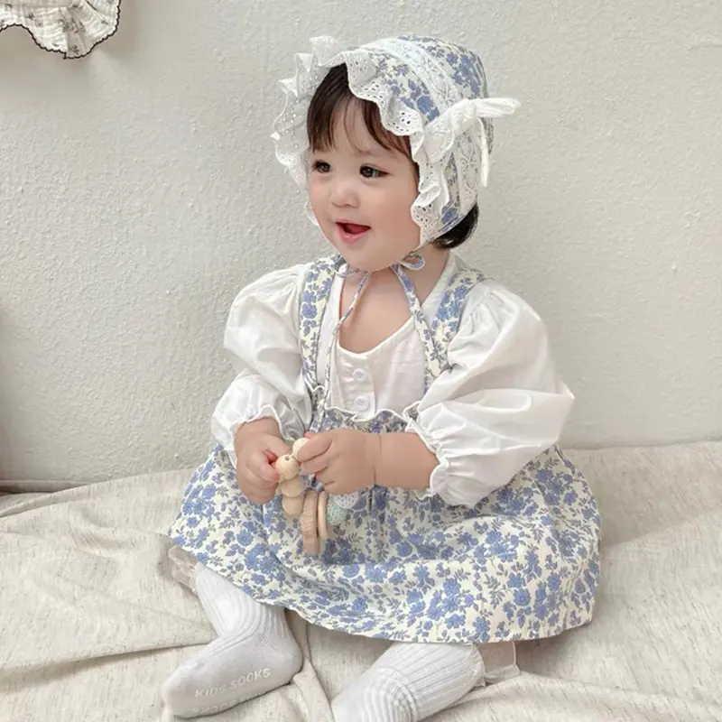 Autumn Girls Romper Clothes Full Moon Baby Clothes Small Broken Flower Princess Triangular Baby Clothing Set With Hat Bodysuit