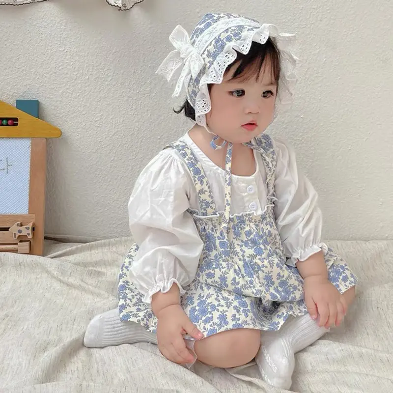 Autumn Girls Romper Clothes Full Moon Baby Clothes Small Broken Flower Princess Triangular Baby Clothing Set With Hat Bodysuit