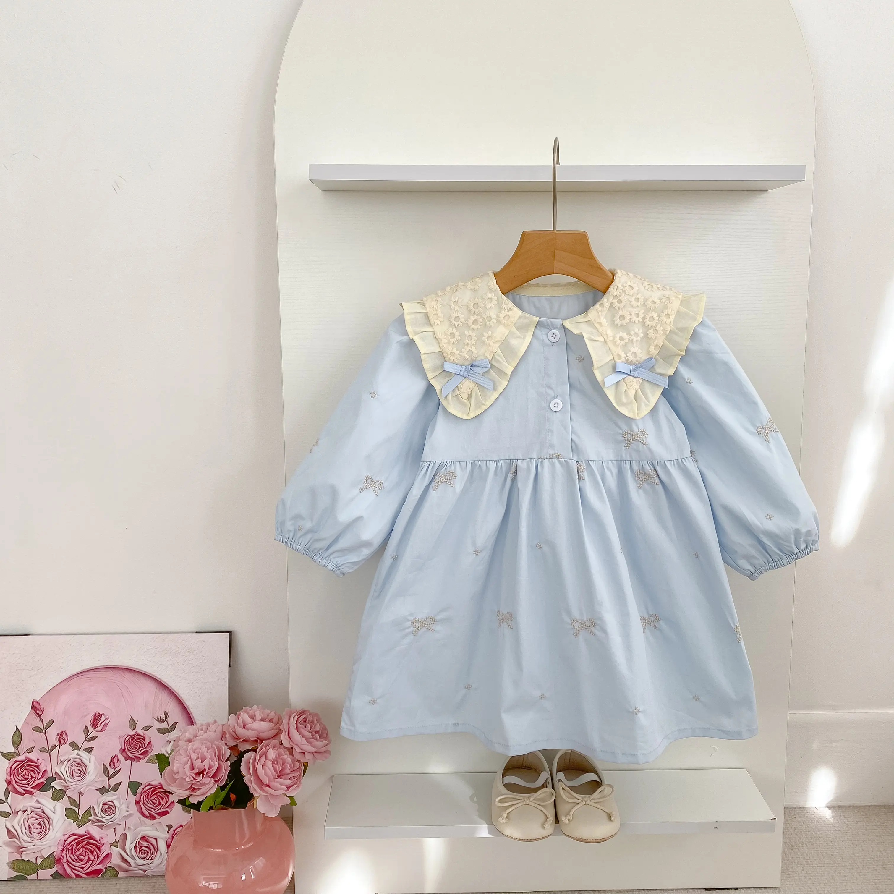 2025 New Girls Dress Baby Lace Bow Dress Princess Stylish Children's Autumn College Style Simple Little Girl Baby Princess Dress