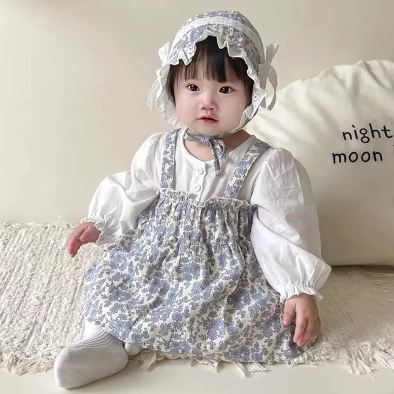 Autumn Girls Romper Clothes Full Moon Baby Clothes Small Broken Flower Princess Triangular Baby Clothing Set With Hat Bodysuit