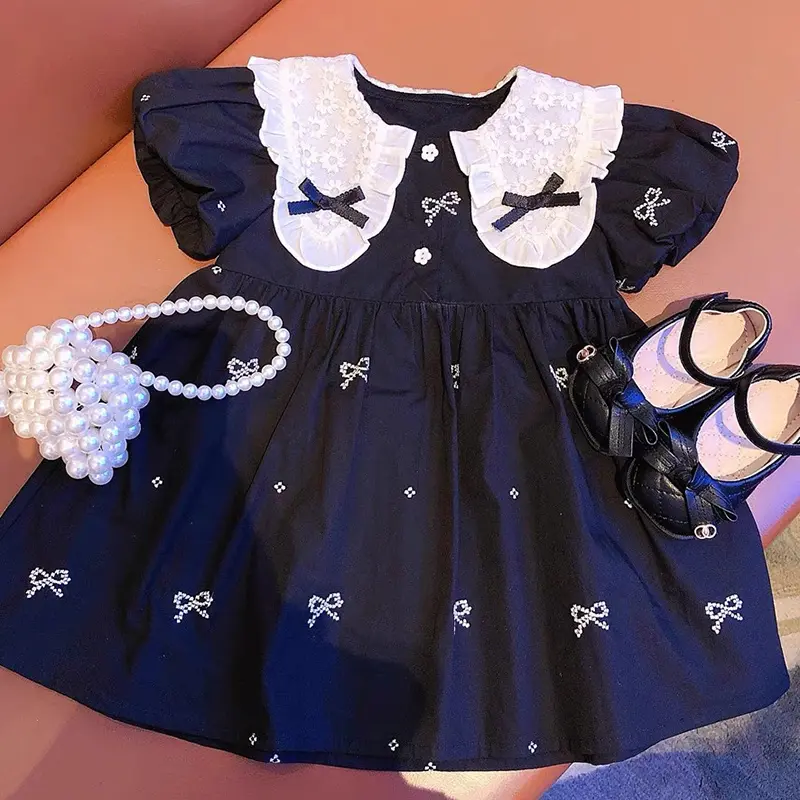 Girls Fashion Embroidered Bow knot Dress Summer New Little Girls Toddler Princess Dresses Lace Kids Short Sleeve Party Clothes